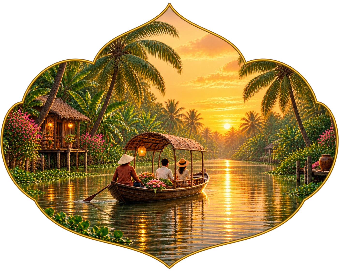 Mekong Delta river boat and coconut palms
