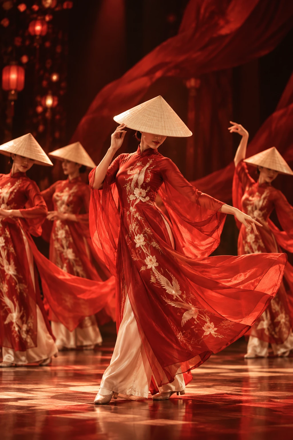 A performer in vibrant red traditional silk and a conical hat