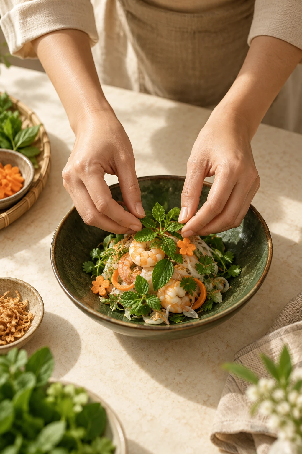 A chef carefully garnishing a dish with edible flowers